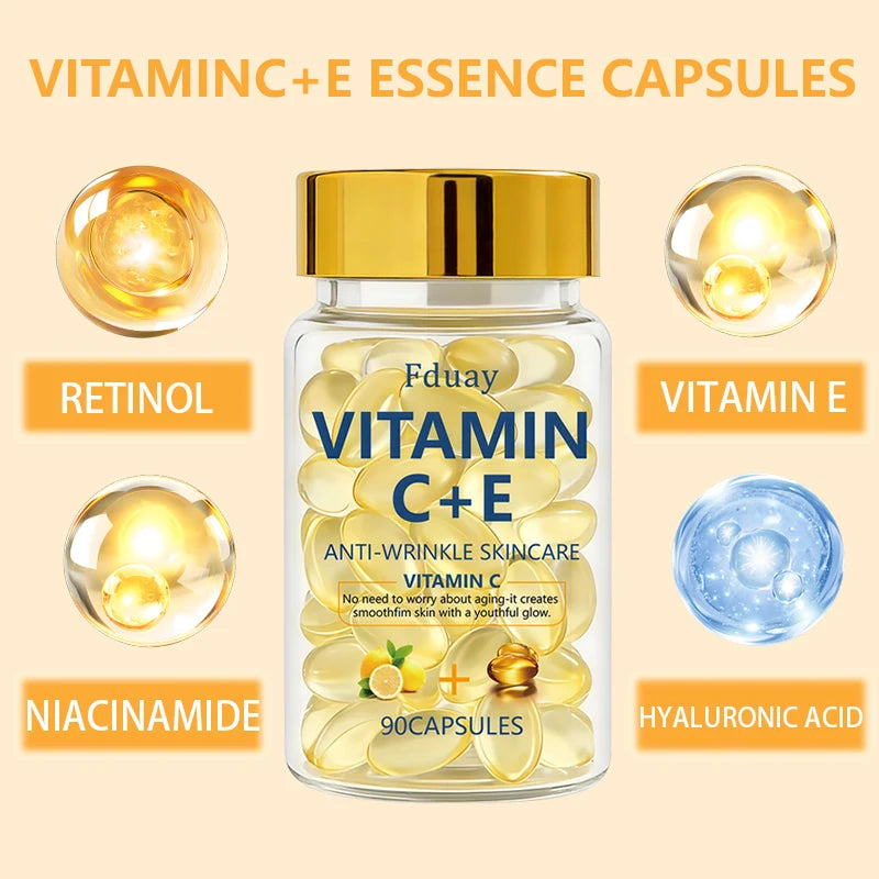 Vitamin C & E Essence Capsules – 90-Piece Collagen Moisturizing Facial Serum for Skin Nourishment, Hydration & Radiance