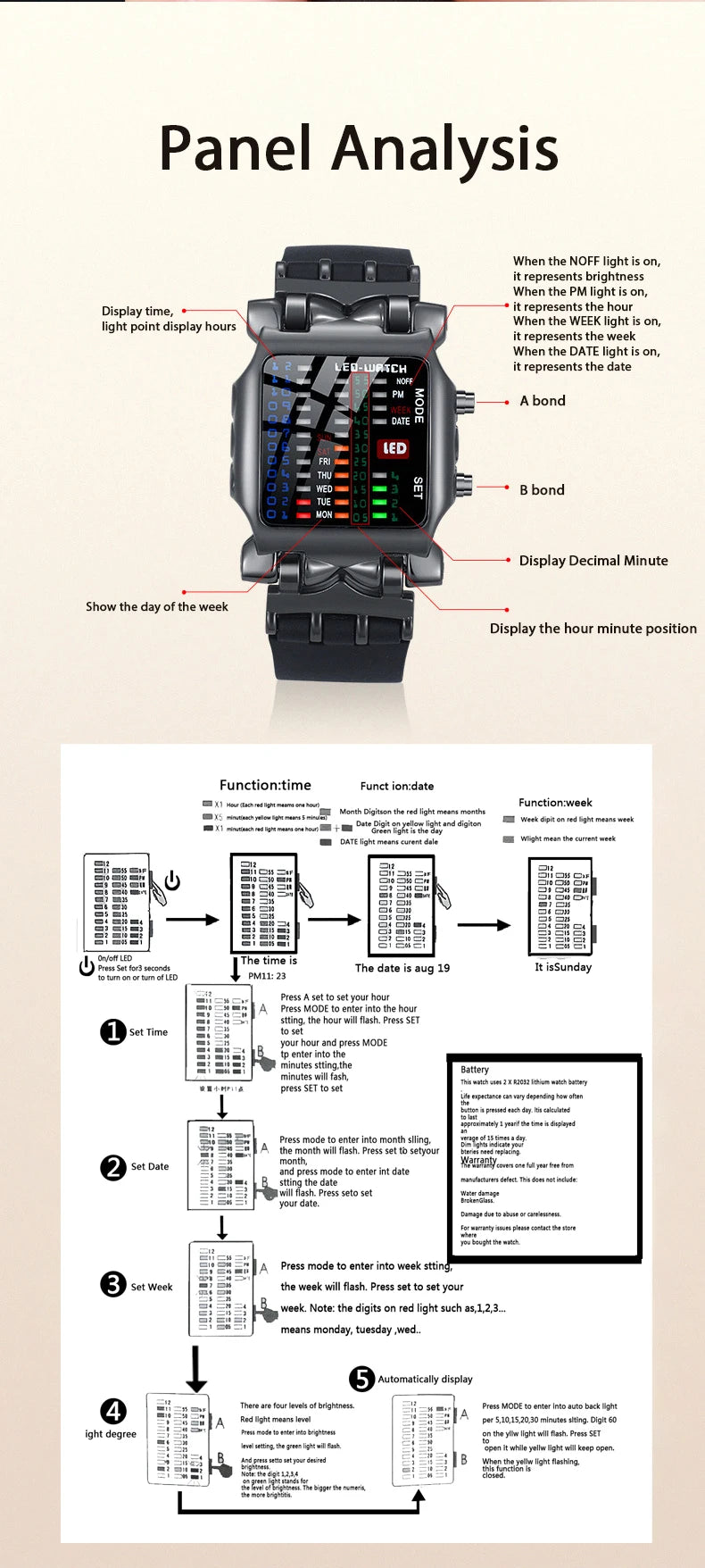Men’s LED Crab-Style Watch — Creative Luminous Binary Electronic Waterproof Multi-Function Wristwatch