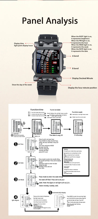 Men’s LED Crab-Style Watch — Creative Luminous Binary Electronic Waterproof Multi-Function Wristwatch