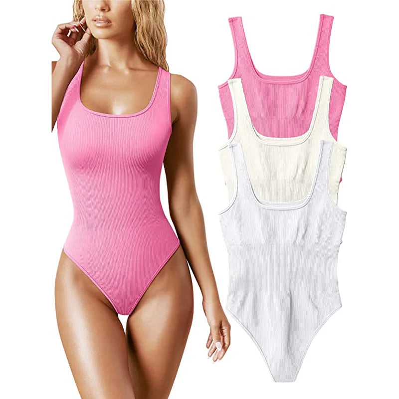 GUUDIA Ribbed Tummy Control Jumpsuit – Light Compression Daily Shaper Bodysuit with Open Crotch Shapewear Design