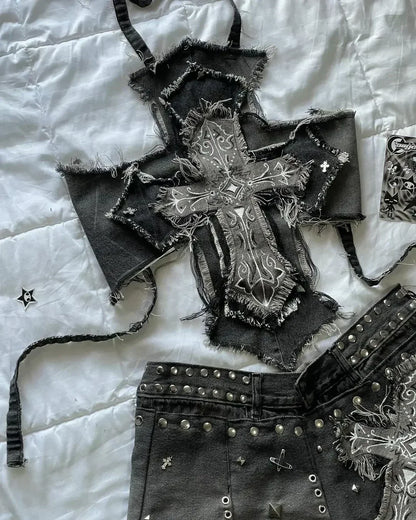 Y2K Light Gray Two-Piece Pants Set — Women’s Harajuku Goth Slim Tube Top & High-Waist Sweatpants