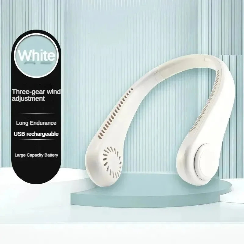 USB Rechargeable Hanging Neck Fan – Adjustable Mini Leafless Personal Cooler with Strong Airflow for Outdoor Use