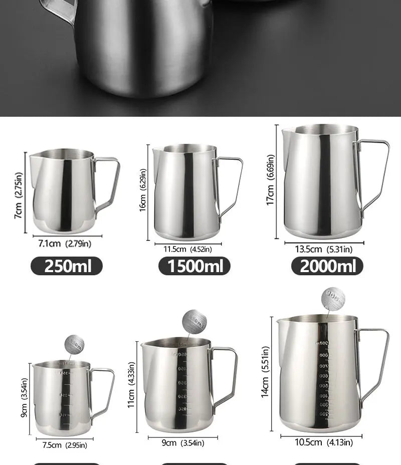 Stainless Steel Milk Frother Jug — Latte Pitcher with Measurement for Coffee & Espresso Barista Tools