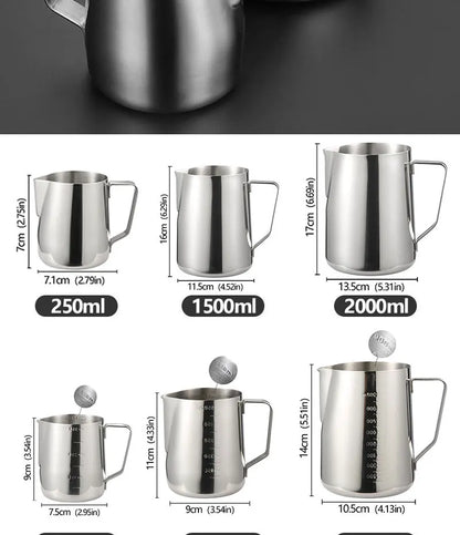 Stainless Steel Milk Frother Jug — Latte Pitcher with Measurement for Coffee & Espresso Barista Tools