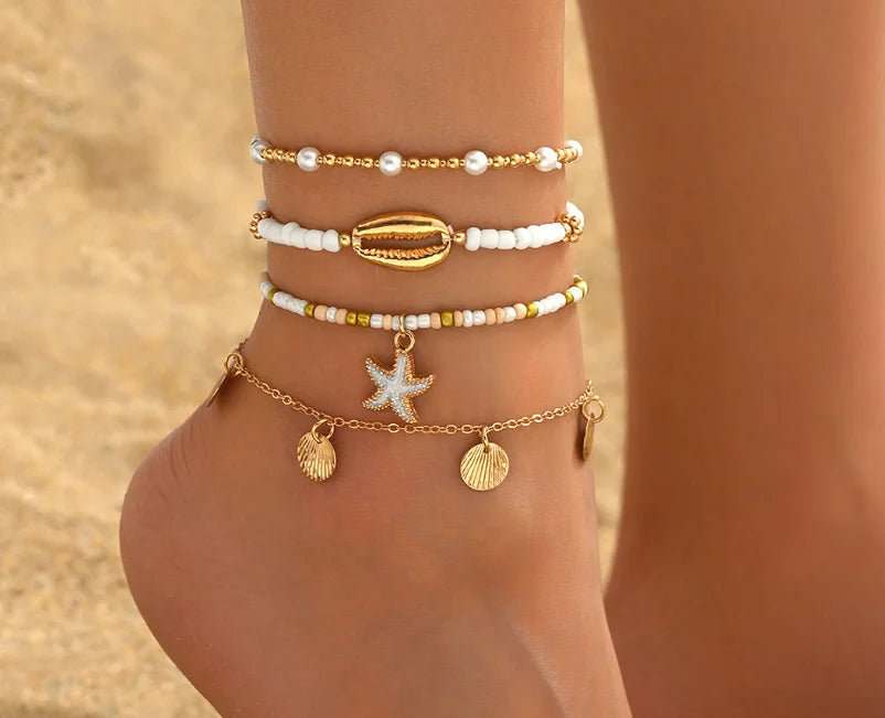 Beach Bead Anklet for Women – Retro Fashion Beaded Stone Pendant Ankle Chain Summer Beach Jewelry Boho Style Anklet for Girls