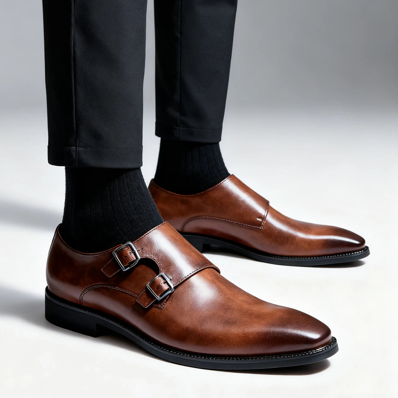 Men’s Retro Monk Strap Dress Shoes - Pointed Toe Leather Oxfords for Business, Office & Wedding
