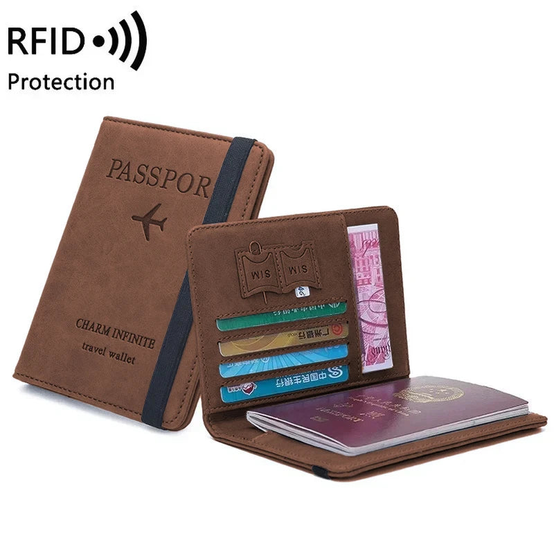 RFID Leather Passport Wallet - Vintage Multi-Function Travel Holder for Men & Women ID Bank Cards Business Accessories