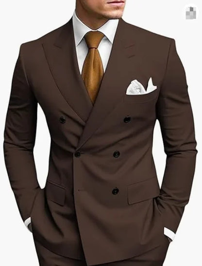 Men's Brown Double Breasted Suit - Slim Fit Peaked Lapel Formal Blazer & Trousers Set For Business and Wedding Wear