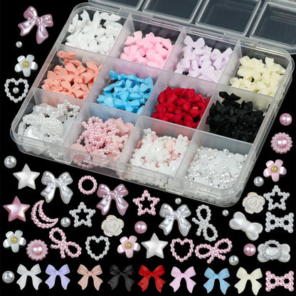 12 Grids Mixed Resin Bowknot Nail Art Decorations – 3D Acrylic Charms & Kawaii Colorful Rhinestone DIY Manicure Parts
