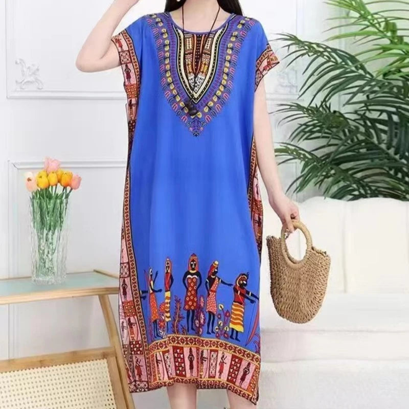 Women’s Bohemian Floral Tunic Dress - Retro Ethnic Print Batwing Sleeve Loose Summer Maternity Streetwear