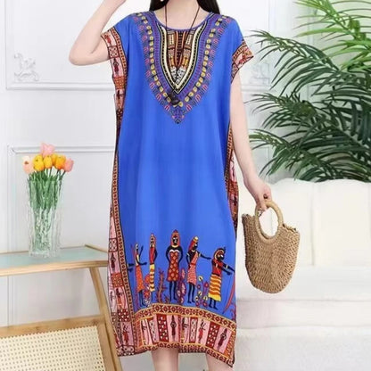 Women’s Bohemian Floral Tunic Dress - Retro Ethnic Print Batwing Sleeve Loose Summer Maternity Streetwear