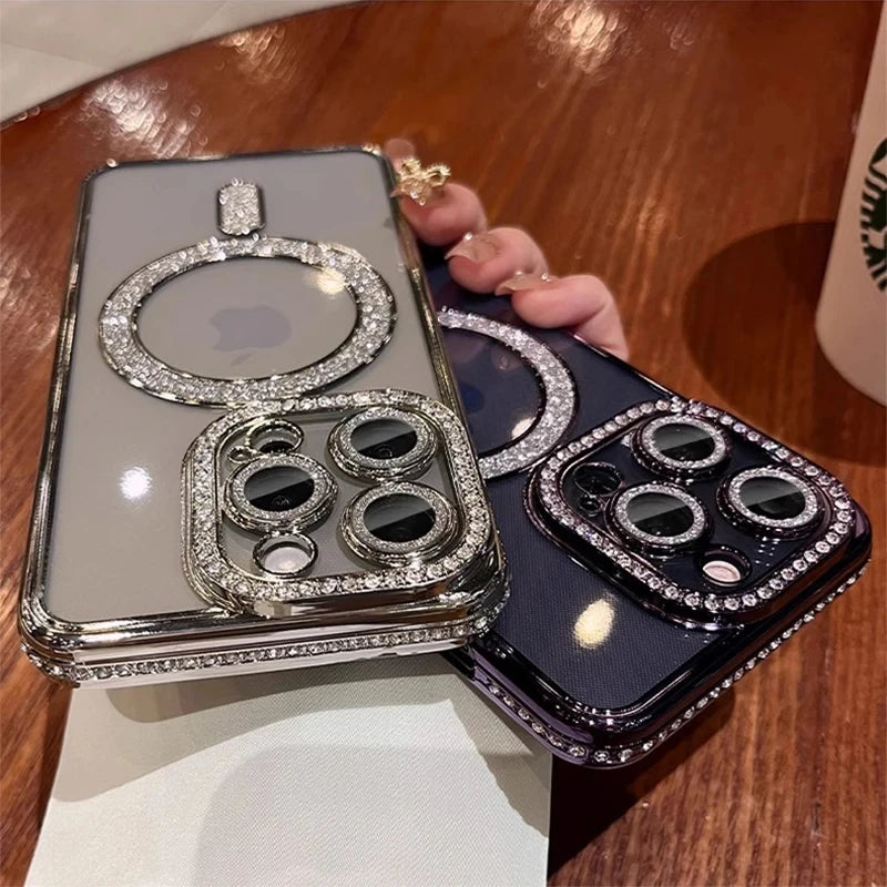 Glitter Diamond Clear Magnetic iPhone Case - Transparent Bumper Cover with Wireless Charging Support for iPhone 12–18 Pro Max & Plus