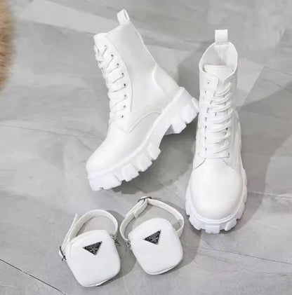 Women's Leather Oxford Motorcycle Boots – Lace-Up Platform Wedge Shoes in White, Black, and Rinse