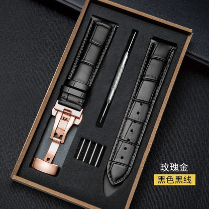 Genuine Leather Watch Strap with Wooden Box – Butterfly Clasp Bracelet 18-24mm Wristband