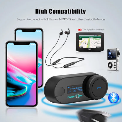 FreedConn Bluetooth Motorcycle Intercom Helmet Headset - Wireless Motorbike Interphone with LCD Screen & FM Earphone