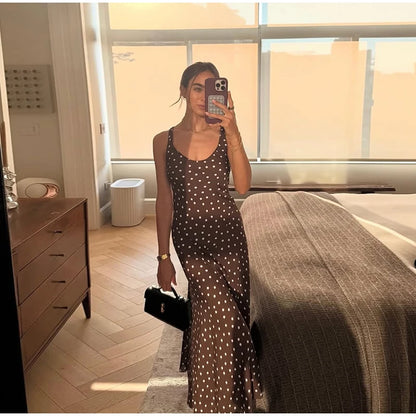 Elegant Women’s Polka Dot Maxi Dress – Chic Sleeveless Round Neck High Waist Slim Fit Vestido for Party & Street, 2025 New