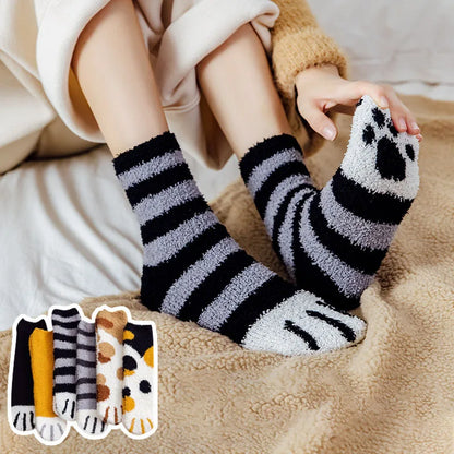 Women's Winter Warm Fluffy Socks - Cute Animal Claw and Cat Paw Prints, Thick Coral Fleece Home and Sleep Socks