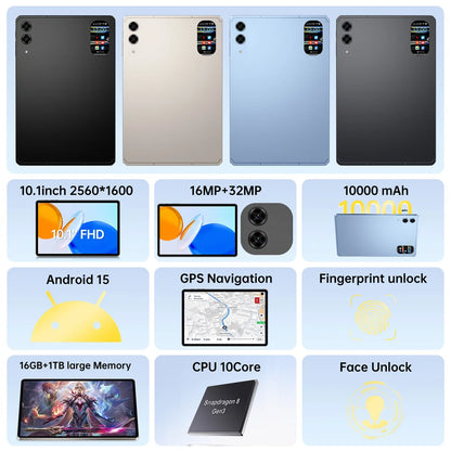 2026 Pad 7s Pro 10.1" Android Tablet – 16GB+1TB, 10000mAh, 5G WiFi Dual SIM, Global Version Kids PC