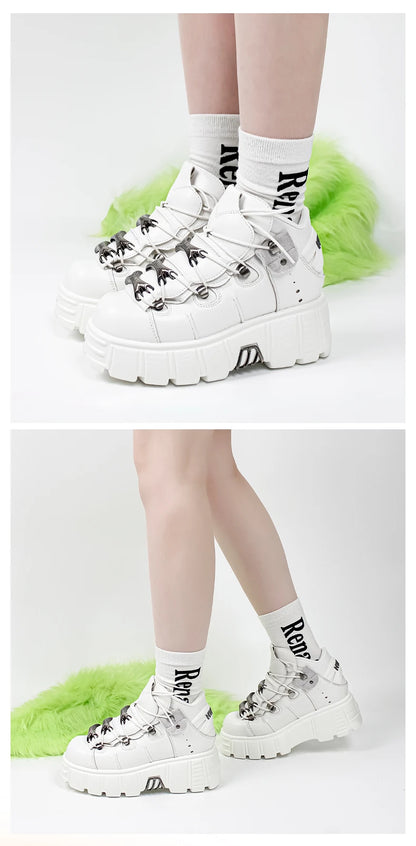 New 2024 Punk Style Women's Platform Shoes – 6CM Lace-Up Rock Boots with Metal Decor