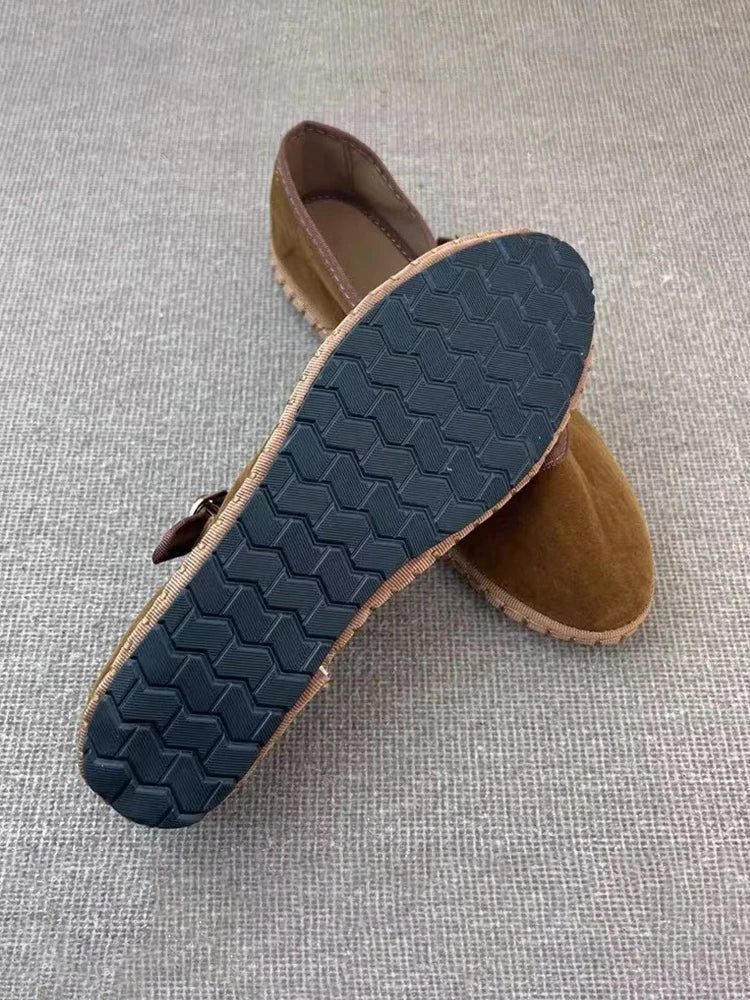 Women's Velvet Mary Jane Shoes – Hand-Stitched Ballet Flats, Casual Streetwear Loafers in Solid Colors