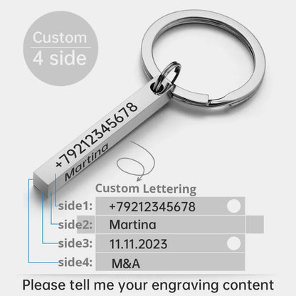 Personalized 3D Bar Keychain - Stainless Steel Engraved Name, Date or Logo Key Ring Gift P039