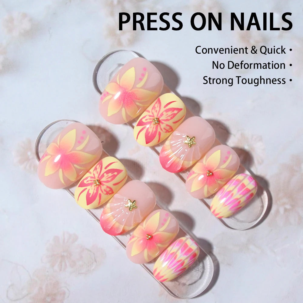 24pcs Short Oval 3D Gel Nail Stickers - Pearl Flower French Acrylic Press-On Nails for Easy Nail Art