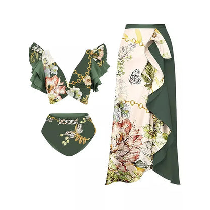 Blue One-Shoulder Ruffle Floral Monokini Swimsuit with Cover Up Sexy One Piece Beach Swimwear for Women Summer