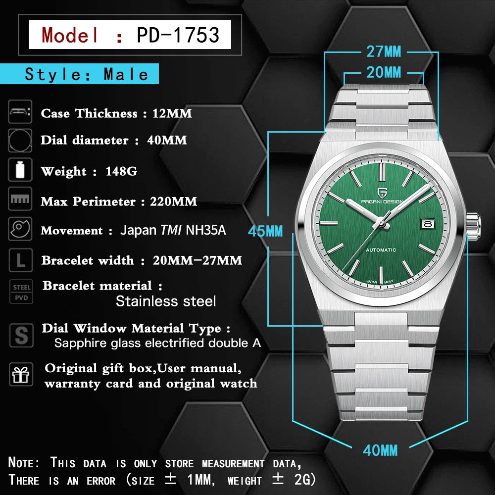 Pagani Design 2024 Men’s Automatic Mechanical Watch – Luxury Sapphire AR Coating, Stainless Steel, 10BAR Waterproof