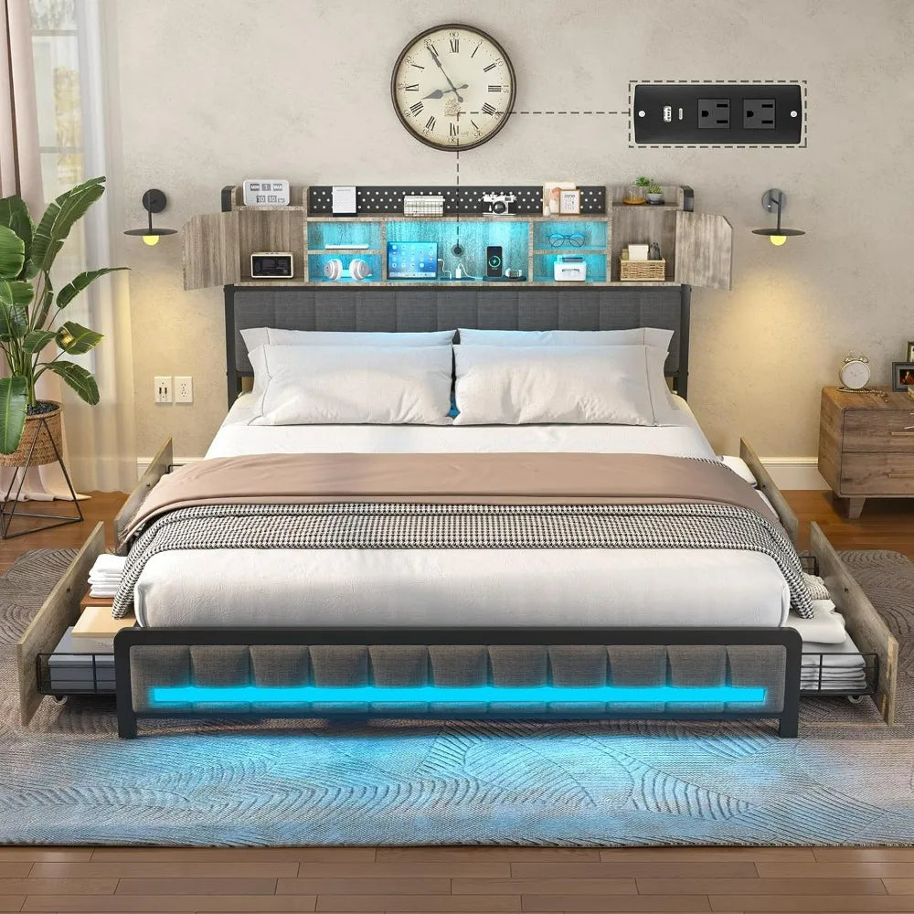 Full Size Upholstered Bed Frame with Storage Drawers, Bookcase Headboard, LED Lights & USB Charging Station