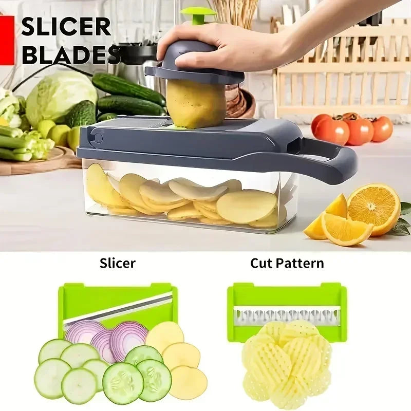 Multifunctional 14/16-in-1 Vegetable Chopper – Kitchen Food Grater, Slicer & Dicer with Handle