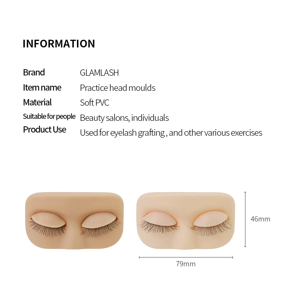 GLAMLASH Mini Lash Practice Head – Flat Model for Eyelash Extension Training with Removable Replacement Eyelids