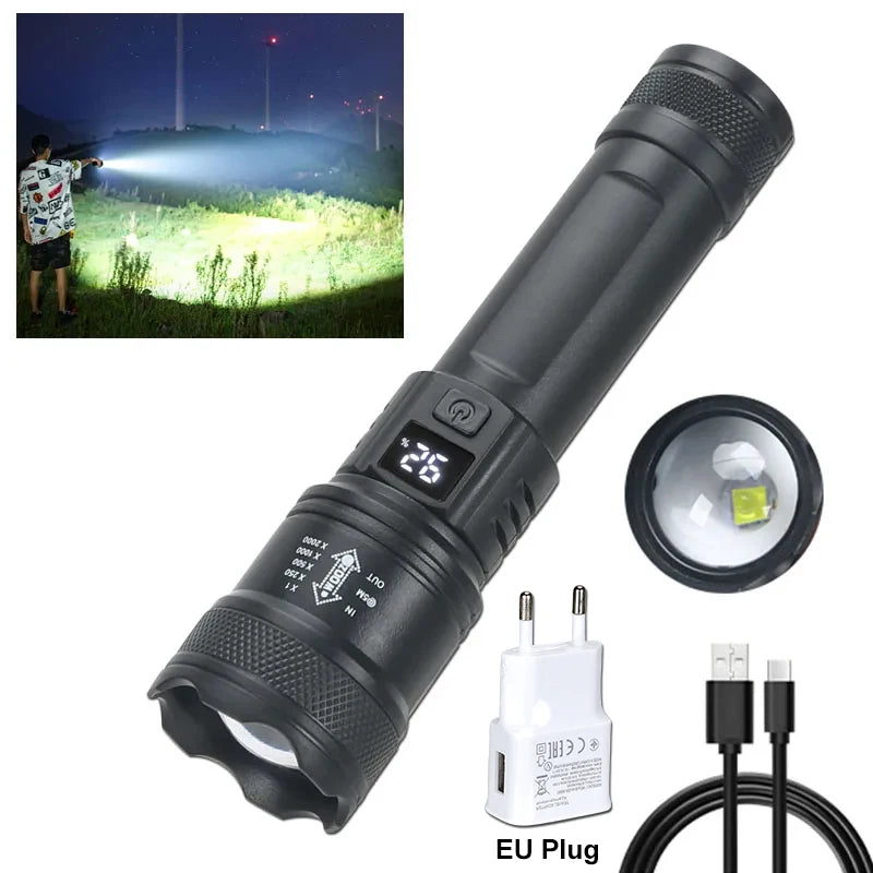 2000LM High-Power LED Tactical Flashlight – USB Rechargeable Zoom Torch with Display, Outdoor Camping, Fishing & Emergency Lantern Light for Survival Use