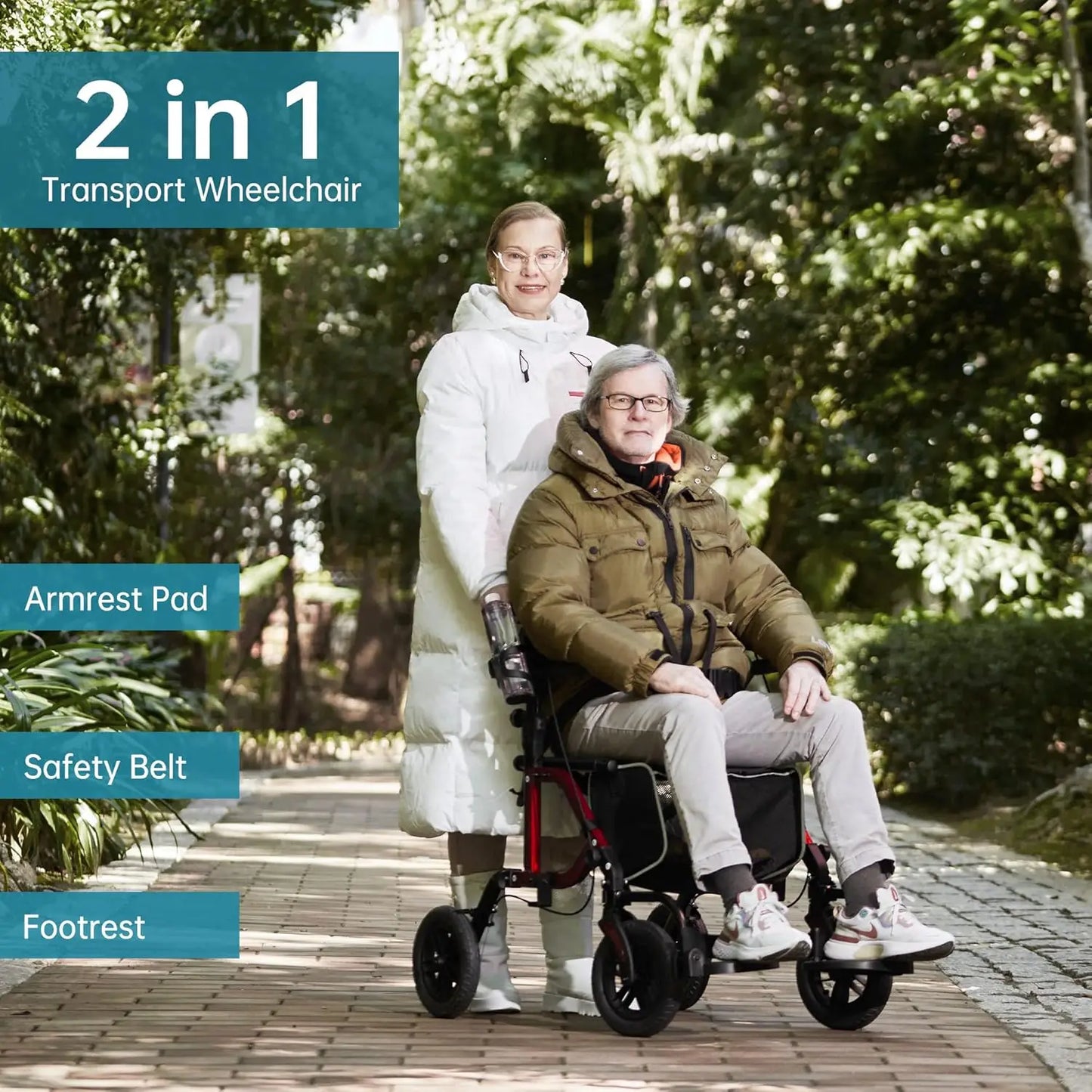 All-Terrain 2-in-1 Rollator & Transport Chair — Folding Wheelchair with 10" Non-Pneumatic Wheels