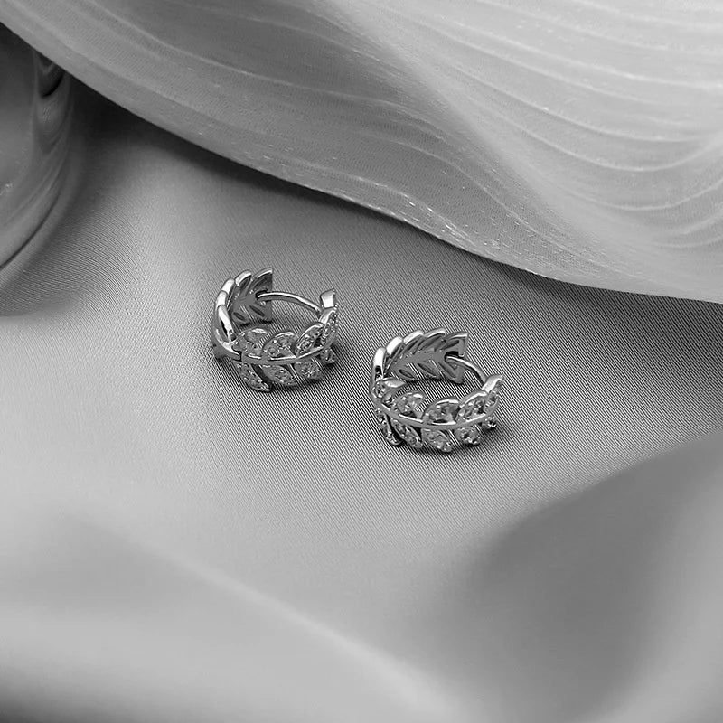 Delicate Leaf Earrings with Shiny CZ – Silver & Gold Color Fashion Hoop Earrings, 2024 Jewelry Gift for Women & Girls