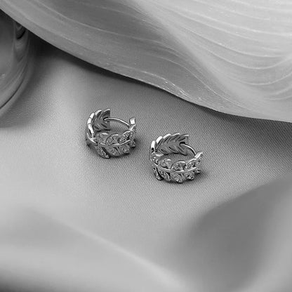 Delicate Leaf Earrings with Shiny CZ – Silver & Gold Color Fashion Hoop Earrings, 2024 Jewelry Gift for Women & Girls