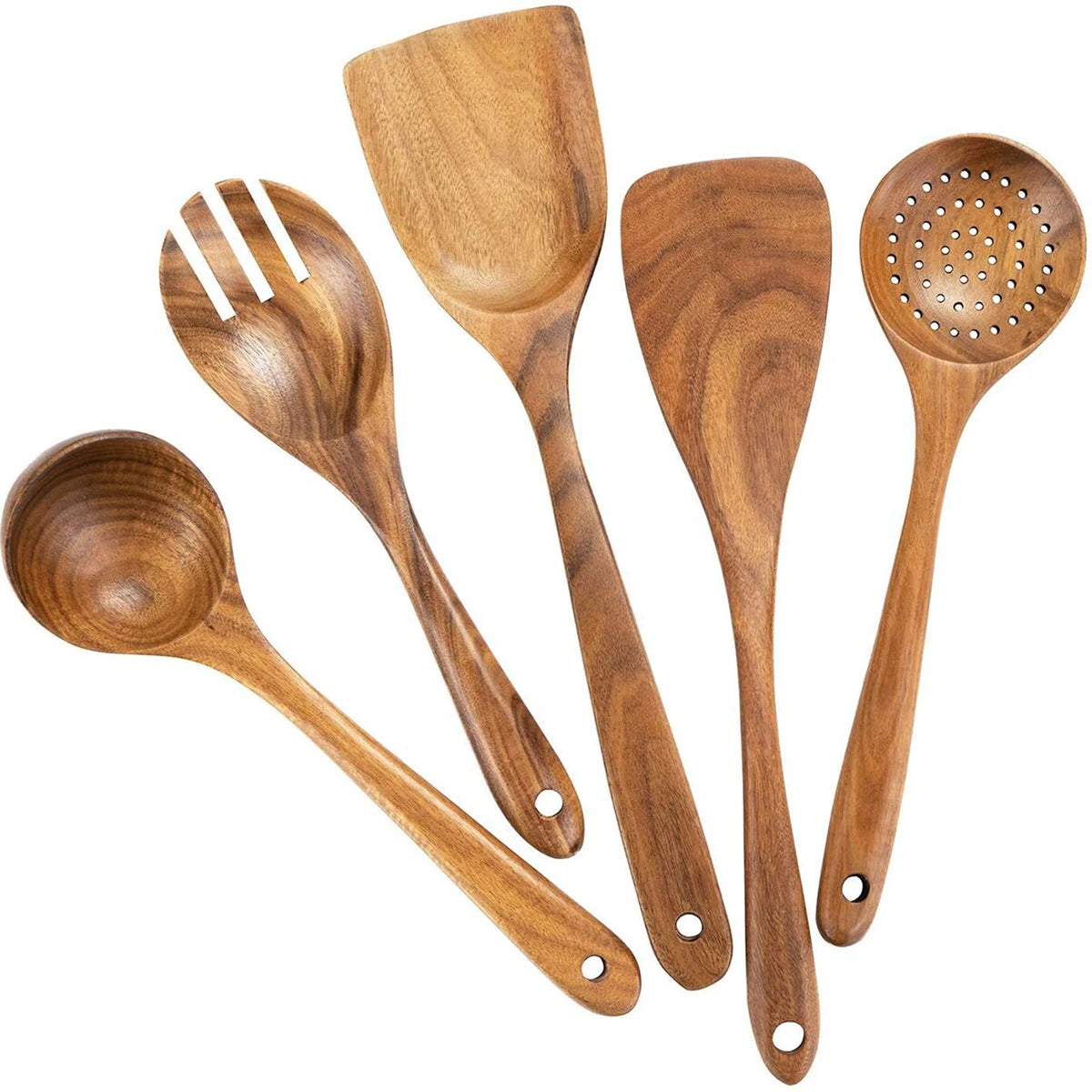 Wood Kitchenware Cooking Set – Spatula, Salad Spoon, Fork & Stirring Spoons with Storage Bucket for Kitchen & Baking