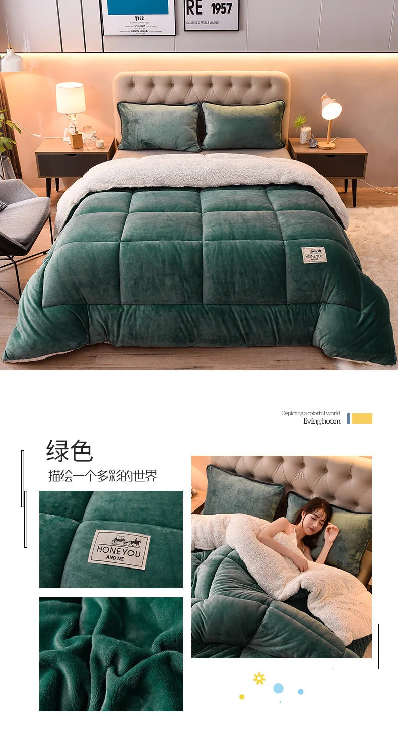 Plush Winter Lamb Velvet Quilt – Thickened Cotton, Double-Sided Warm Lamb Wool Blanket for Single & Double Beds