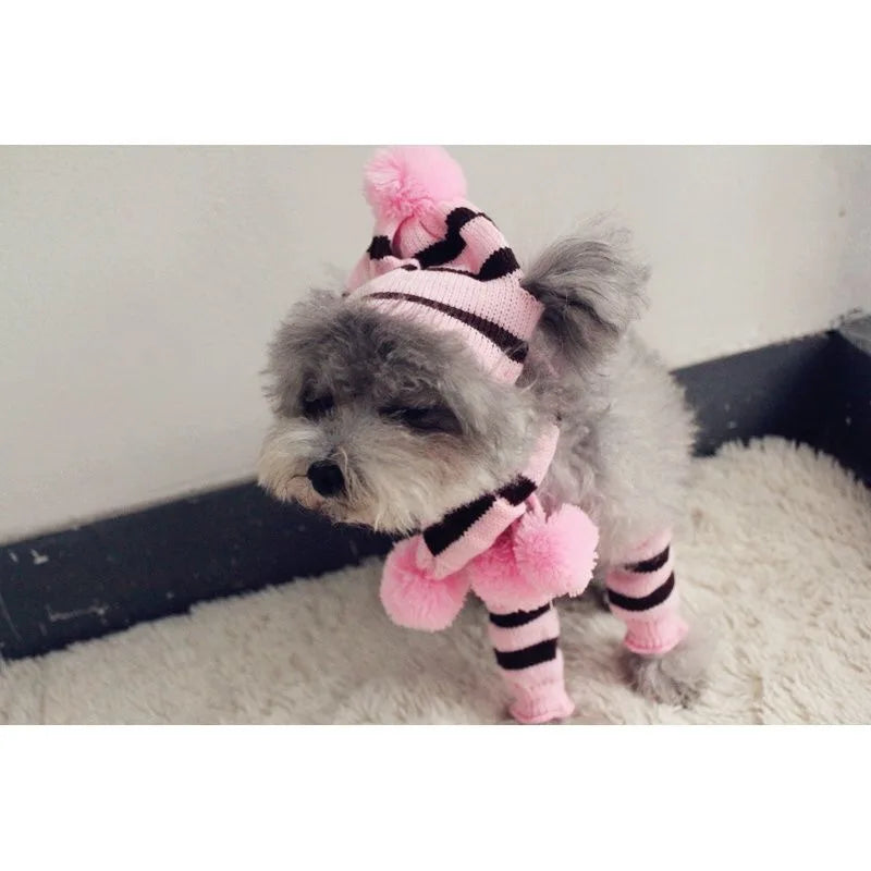 Winter Knitted Pet Accessories Set – Striped Hat, Scarf & Socks for Small Dogs, Puppies & Cats