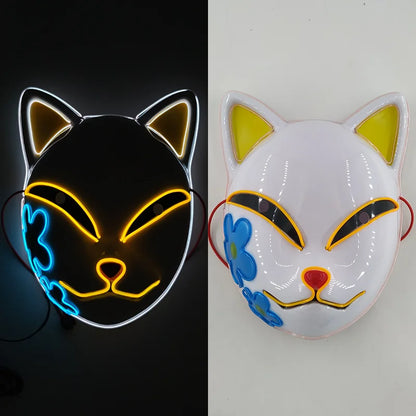 Glowing LED Fox Mask – Neon Japanese Anime-Inspired Samurai Cosplay Mask for Halloween, Christmas & Costume Parties