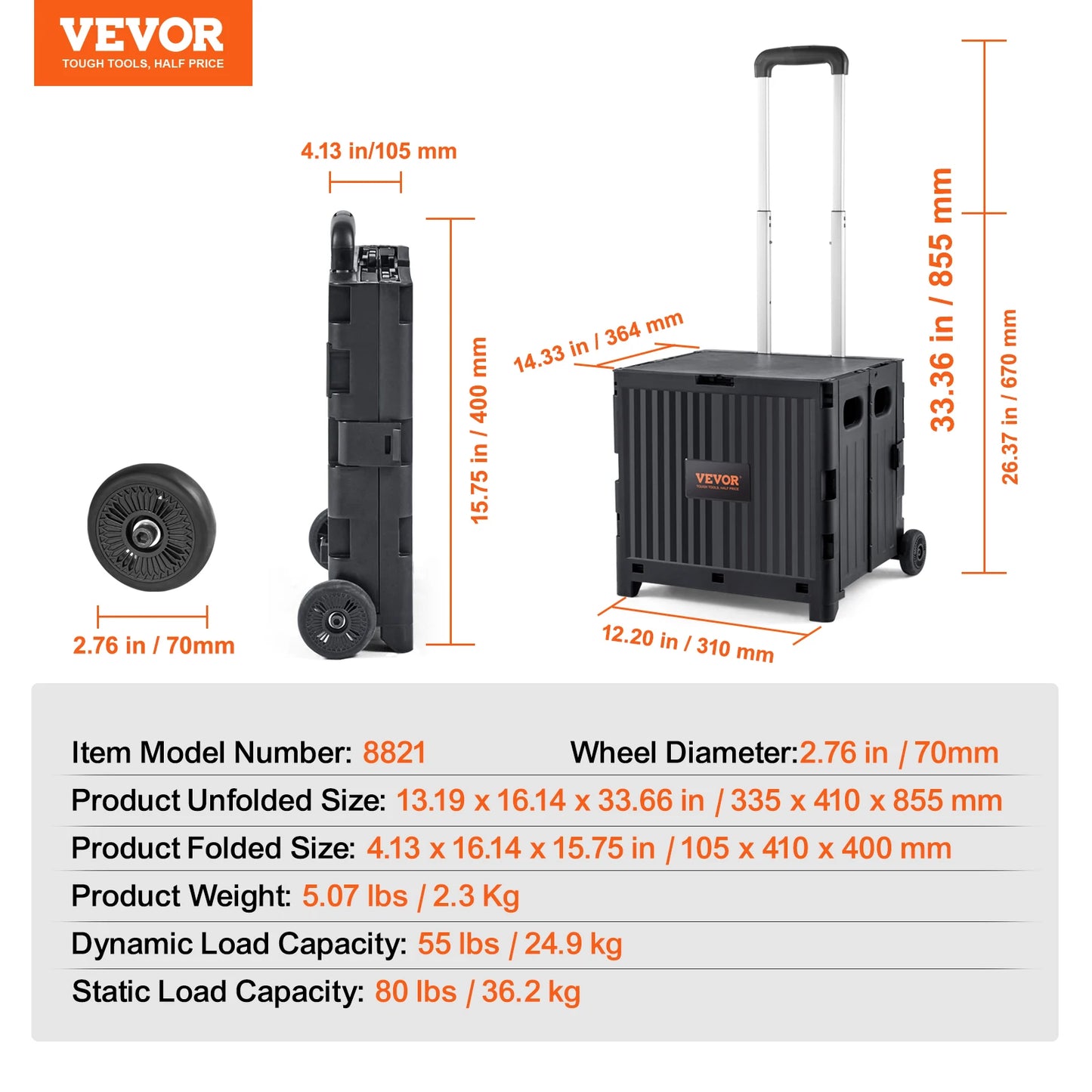 VEVOR Foldable Utility Cart – Portable Handcart with Telescoping Handle & Wheels for Shopping, Travel, Office, and Garden Use