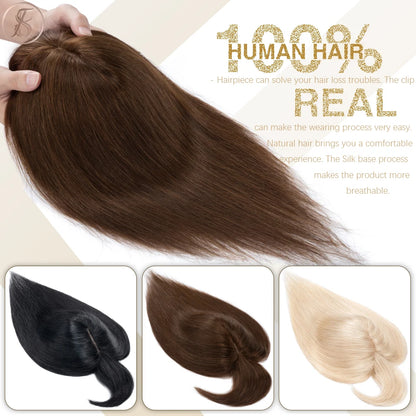 TESS Women Human Hair Topper With Bangs - 7x12.5cm Silk Base Clip In Hair Extension Natural Wigpiece