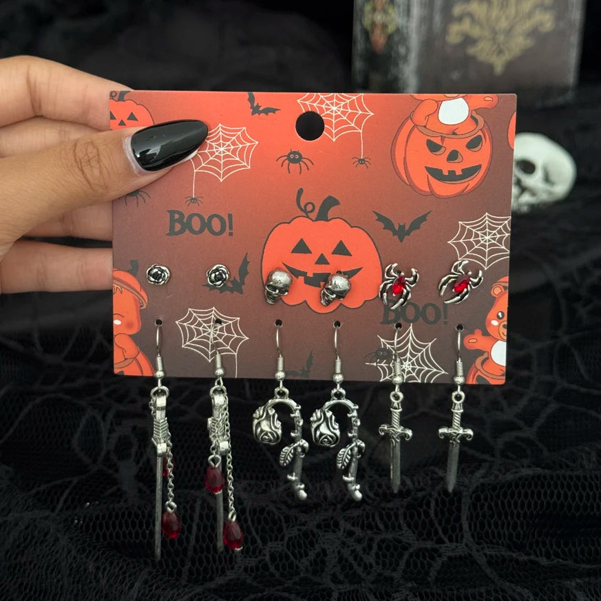 Halloween Crystal Skull Spider Drop Earrings - Gothic Red Crystal Cross and Rose Metal Earrings for Women
