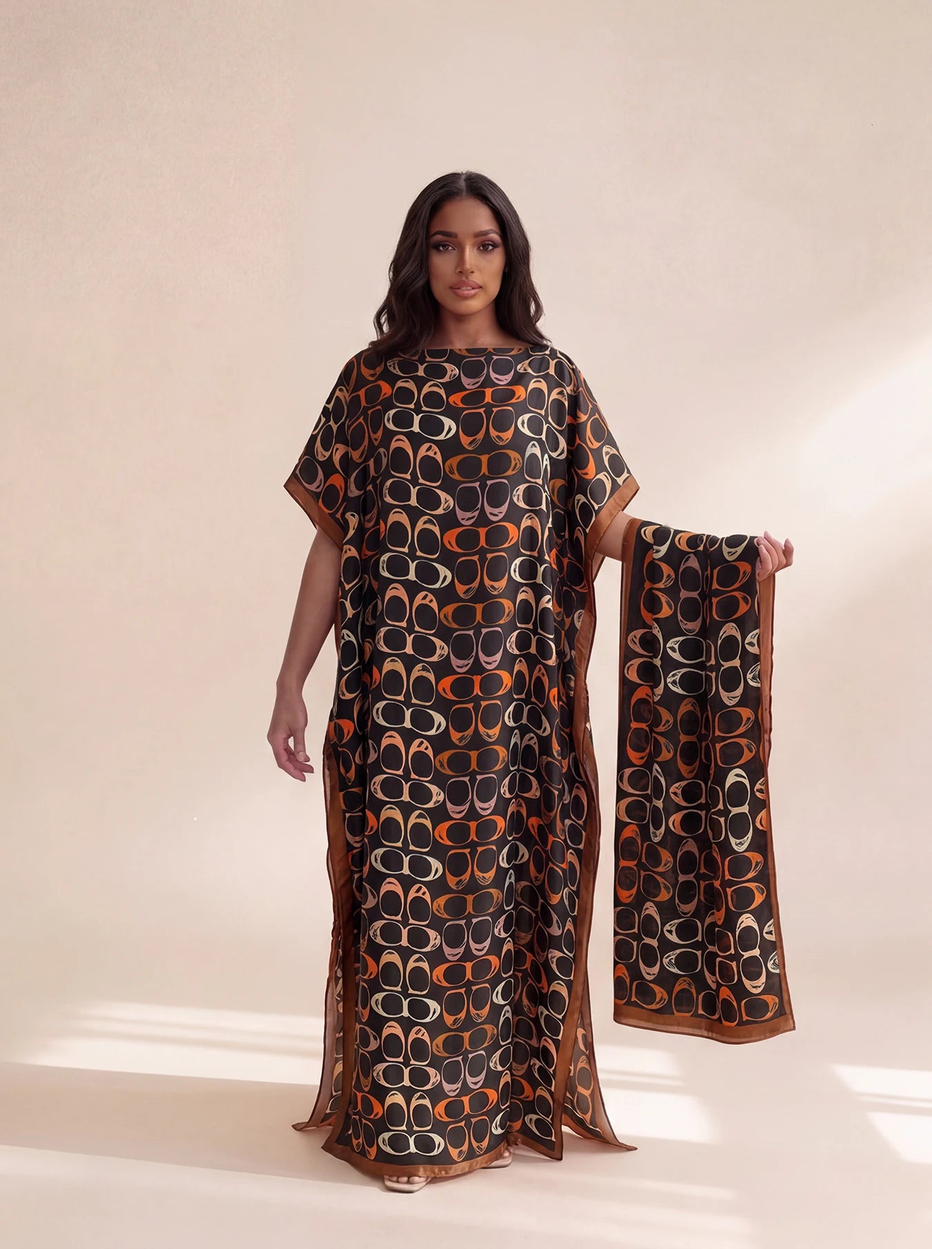 Long Silk Blend Beach Cover Up Dress - Elegant Middle Eastern Print Loose Robe for Women