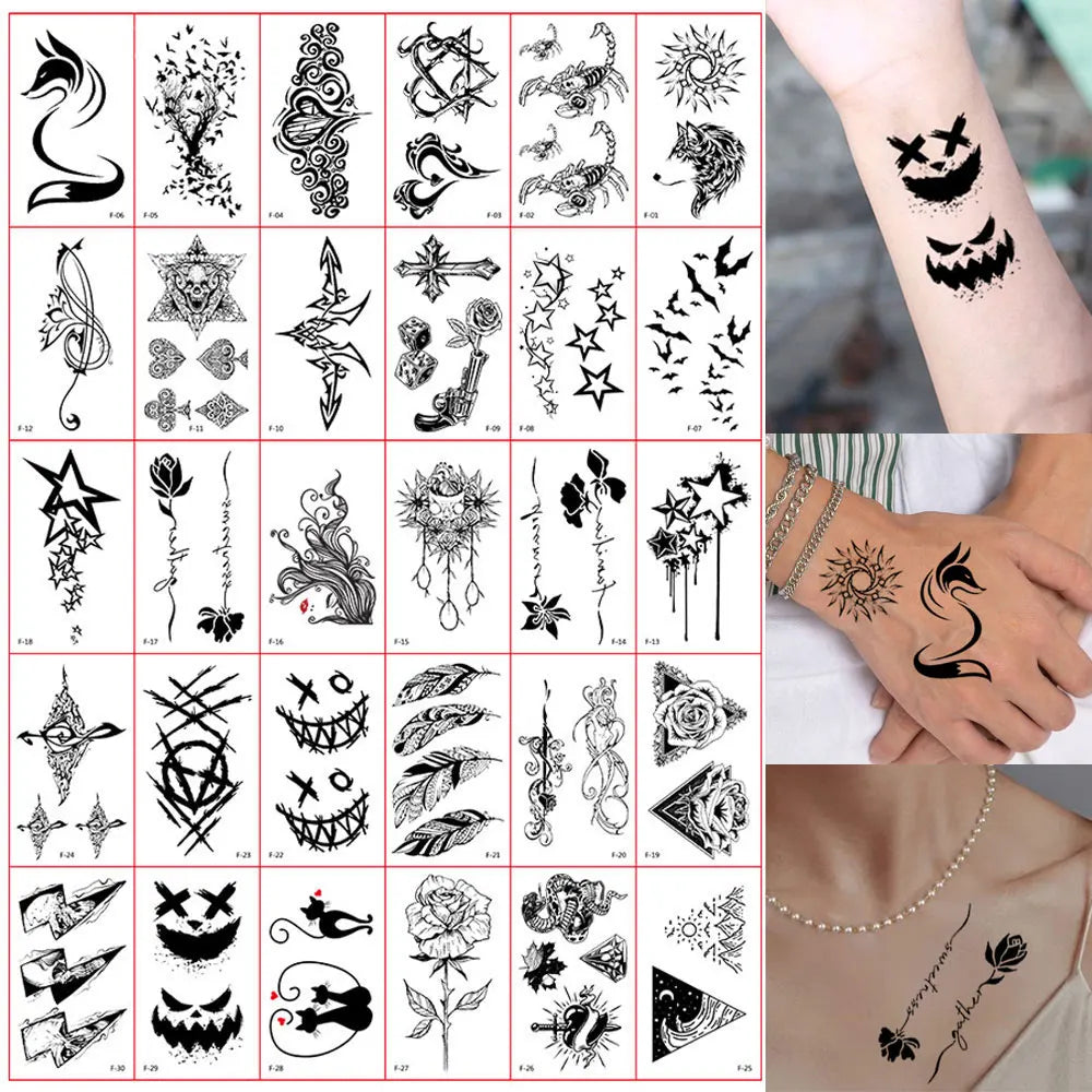 30pcs Black Temporary Tattoo Stickers - Flower Butterfly Rose Moon Star Mandala Designs for Hand, Chest & Body Art