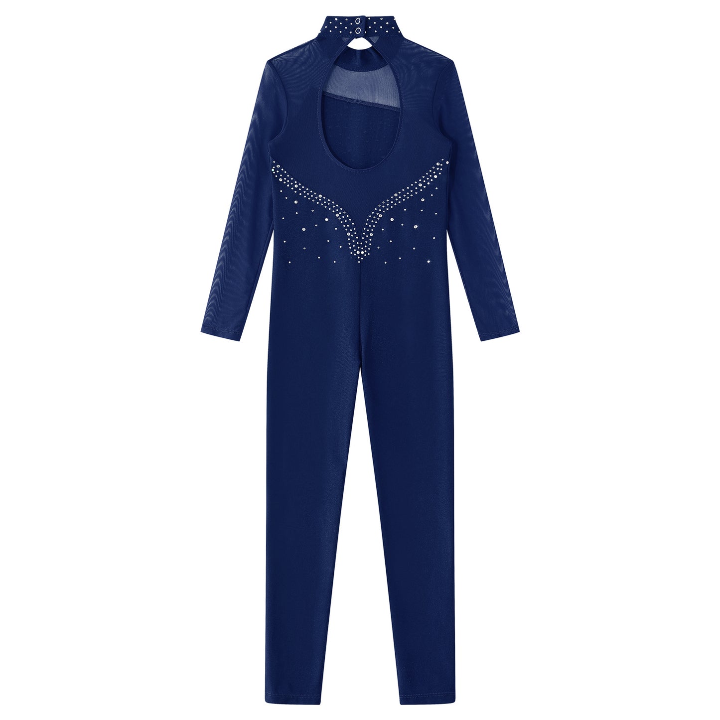 Kids Girls Long Sleeve Rhinestone Bodysuit — Full Body Dancewear Gymnastics Leotard Skating Jumpsuit