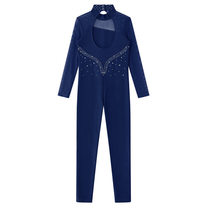 Kids Girls Long Sleeve Rhinestone Bodysuit — Full Body Dancewear Gymnastics Leotard Skating Jumpsuit