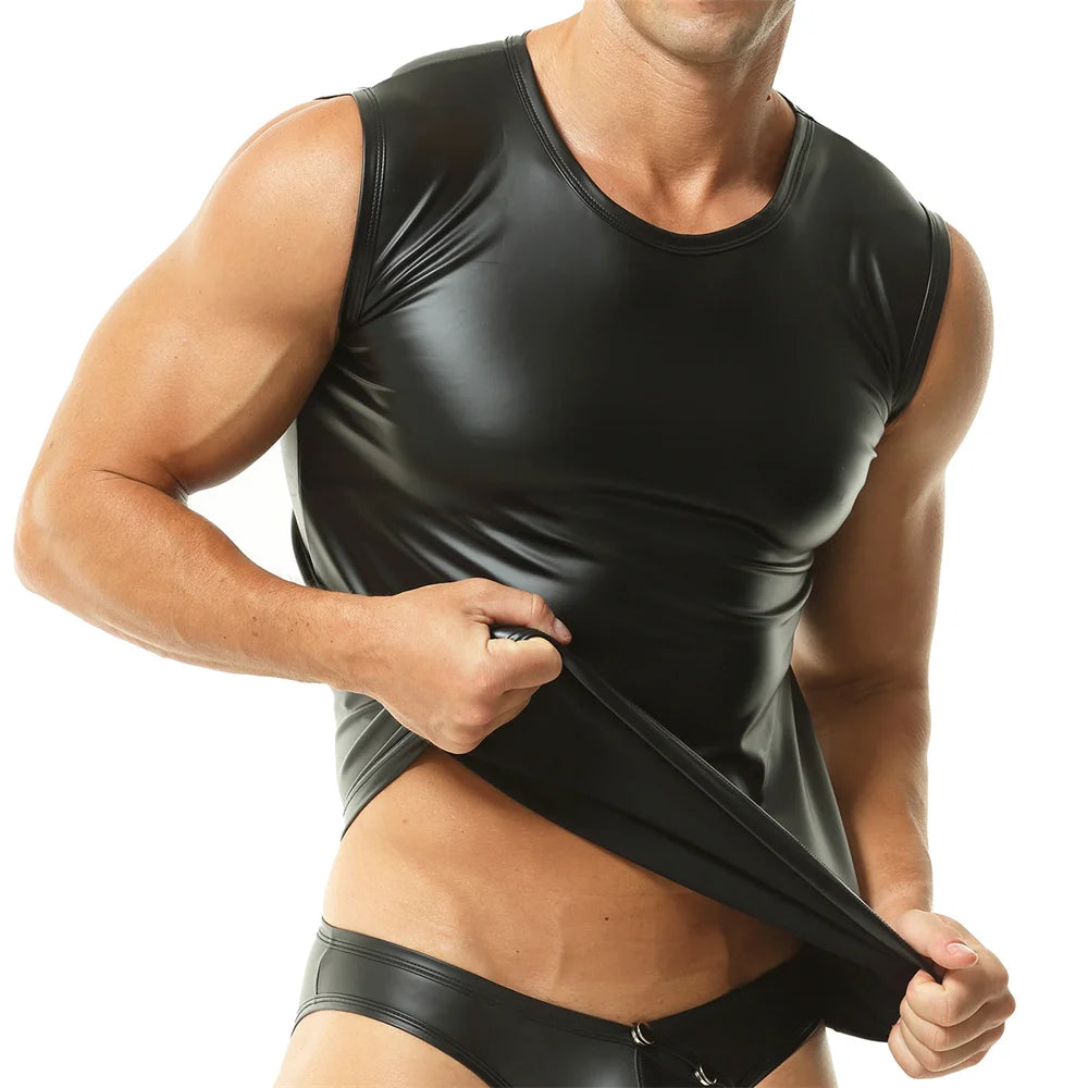 Men's Faux Leather Slim Tank Top - Sleeveless Gym Fitness Bodybuilding Vest Sport Singlet Elastic Undershirt Fashion T-Shirt