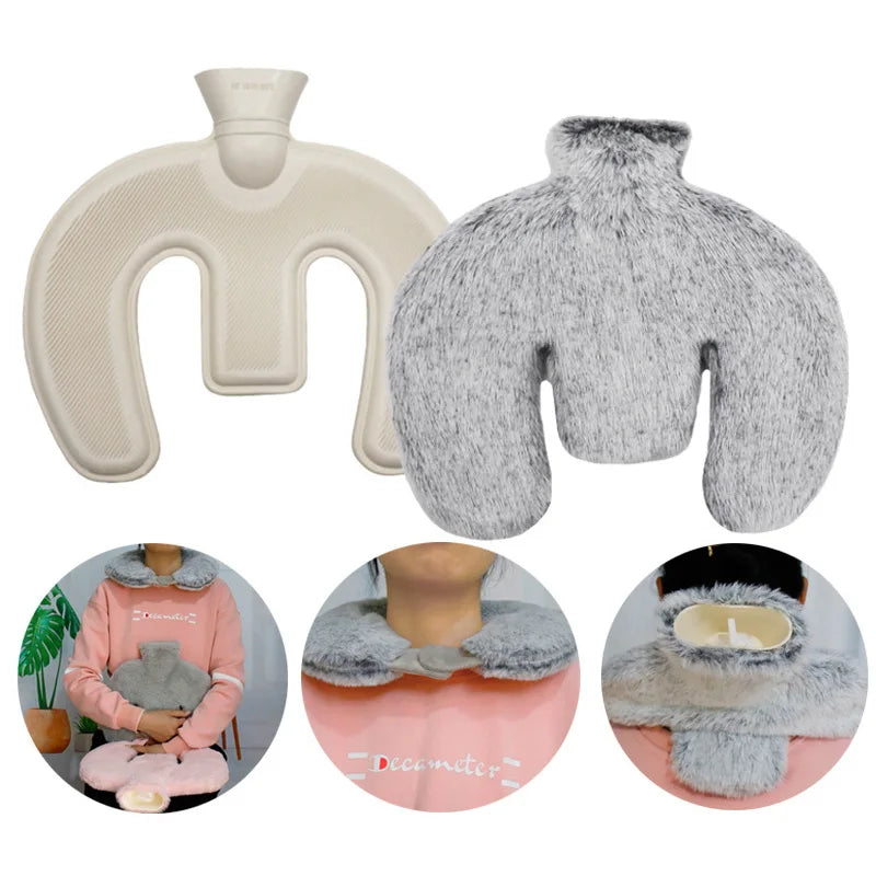 U-Shaped Hot Water Bottle Neck Wrap - Reusable Plush Heating Bag with Hand Pockets for Winter Warmth and Comfort