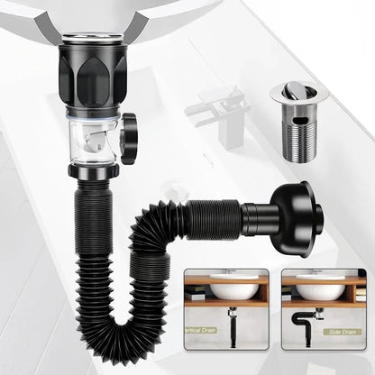 Flip-Top Kitchen Sink Drain with Retractable Deodorizing Filter - Anti-Clogging Flexible Downspout Bathroom Sink Accessory