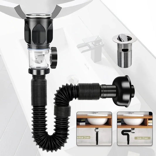 Flip-Top Kitchen Sink Drain with Retractable Deodorizing Filter - Anti-Clogging Flexible Downspout Bathroom Sink Accessory